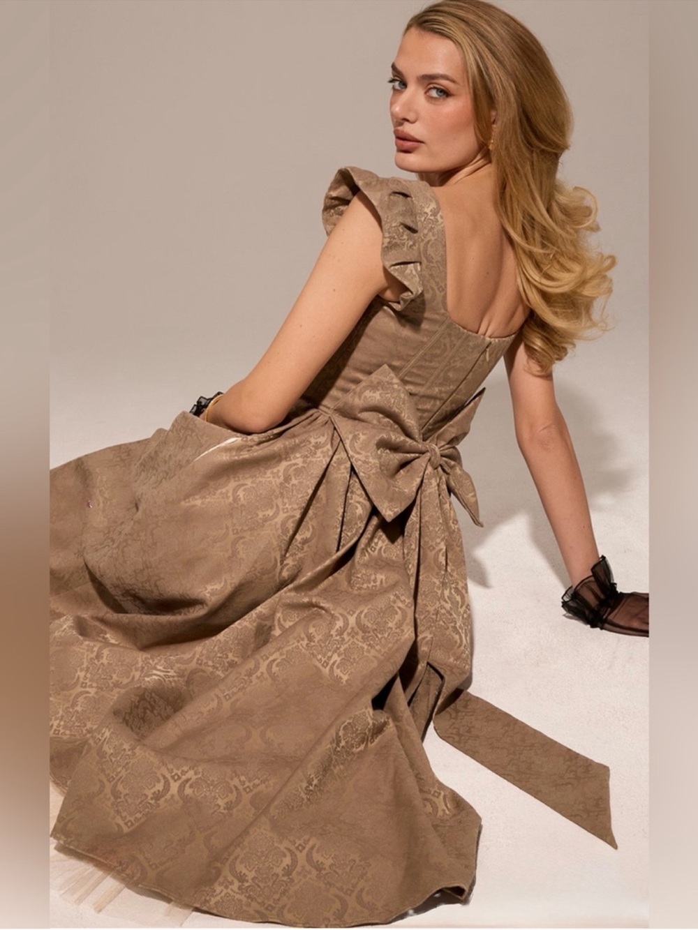 House of CB Alessandra gold jacquard midi dress with detachable bow